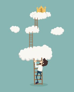 Businessman on a ladder above the clouds looking golden castle , eps10 vector format