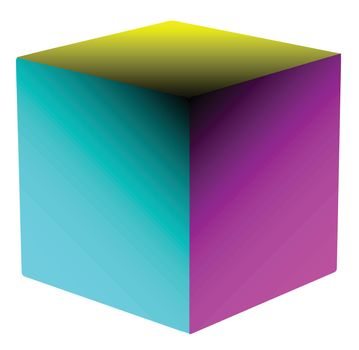 A cube of the 4 CYMK including the black colours over a white background
