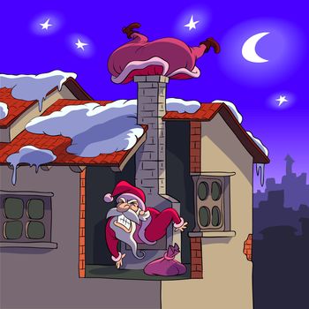 Santa Claus is trying to come through a stovepipe.