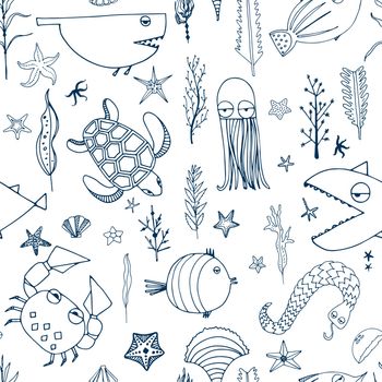 Cute hand drawn seamless pattern with water creatures made in vector. Underwater life texture. Fish, turtle, starfish, crab, shark, octopus.