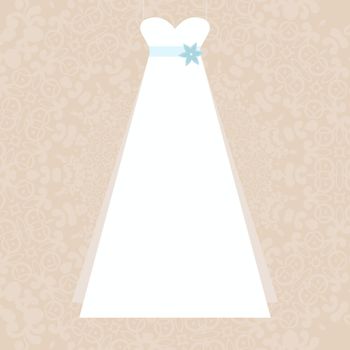 Elegant white dress illustration - symbol of a wedding on elegant lace background made in vector. Bridal illustration, Invitation template.