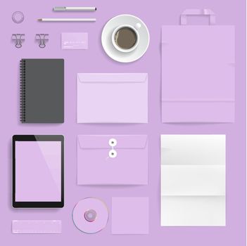 Corporate identity template on light purple background. Use layer "Print" in vector file to recolor objects. Eps-10 with transparency.