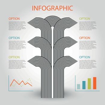 business infographic 6 steps timeline template with two graph - striped arrows - tree diagram