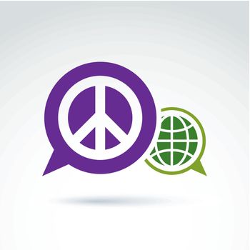 Round antiwar vector icon, green planet and speech bubble with peace sign. Conversation on global peace theme.