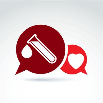 Vector illustration of a red heart symbol and test tube with a blood drop. Medical cardiology label, blood donation symbol, speech bubble icon.  Chat on life and health theme.