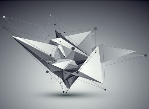 3D vector abstract tech illustration, perspective geometric unusual background with wireframe.