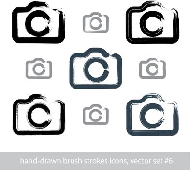 Set of realistic ink hand-drawn stroke vector digital camera icons, collection of simple hand-painted camera symbols isolated on white background.