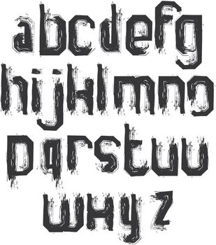 Vector alphabet letters set, hand-drawn monochrome script, dirty brushed small letters.