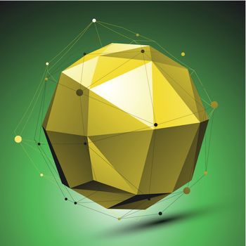 Abstract 3D structure, green vector network backdrop, yellow spherical figure with lines mesh placed over shaded background.