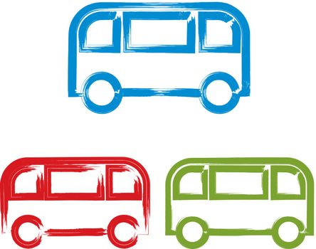 Set of hand-drawn colorful bus icons, illustrated brush drawing passenger bus signs, hand-painted automobiles isolated on white background.