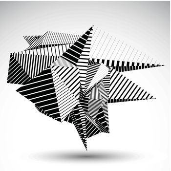 Cybernetic contrast element constructed from geometric figures with parallel lines. Misshapen striped sharp object for technology projects and graphic design.