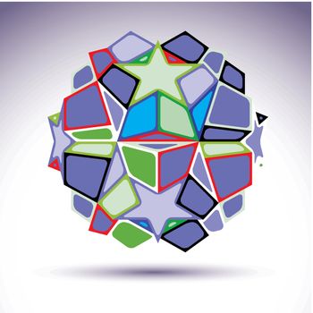 Complicated kaleidoscope 3d sphere constructed from colorful geometric elements, abstract vector illustration. Bright spherical figure created from triangles, stars, four-side figures.