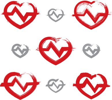 Set of hand-drawn red heart icons, collection of brush drawing heart signs with electrocardiogram, original hand-painted heart symbols with ekg isolated on white background.