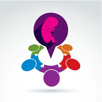 Vector illustration of a speech bubble and a baby embryo. Different nationalities chat on pregnancy and abortion ��� international social forum on medical theme. Obstetrics meeting.