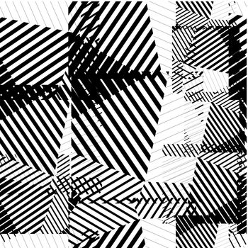 Black and white seamless pattern with parallel lines and geometric elements, infinite mosaic textile, abstract vector textured floor covering.
