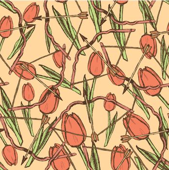 Sketch bow and arrow with tulips, vector seamless pattern
