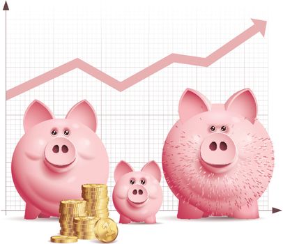 Three vector piggy bank with a pile of coins and chart. Eps10. Used transparency effects. CMYK. Organized by layers. Global colors. Gradients used.