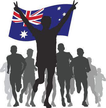 silhouettes of athletes, runners at the finish, winner holding Australia flag overhead