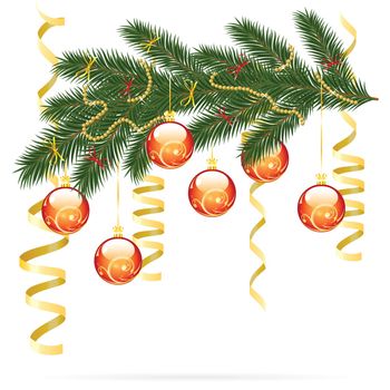 Illustration of christmas fir tree with baubles and decoration isolated on white background