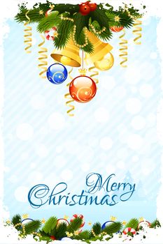 Christmas Card Template with fir-tree mistletoe decoration and bells
