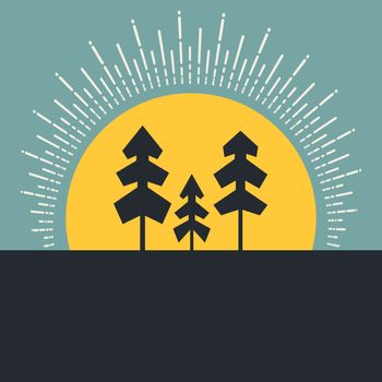 Modern concept of outdoor - forest and sunrise made in vector. Trees and sun, natural template for your design.