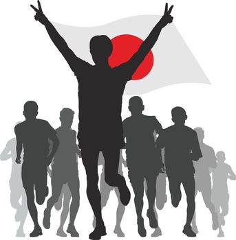 silhouettes of athletes, runners at the finish, winner holding Japan flag overhead