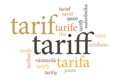 term of tariff in multi languages of word clouds. isolated on white background.