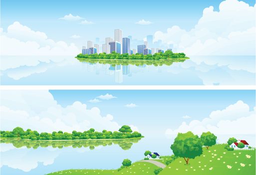 Two horizontal Nature banners with clouds grass flowers and buildings
