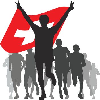 Silhouettes of athletes, runners at the finish, winner holding Switzerland flag overhead