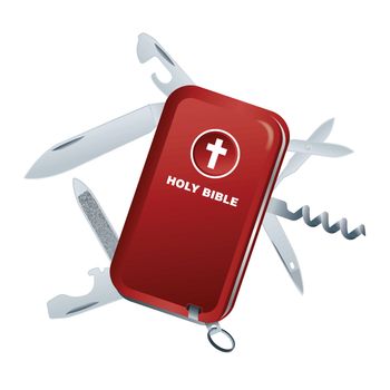 A conceptual illustration of a swiss army knife and holy bible multipurpose tool. Vector EPS 10 available.
