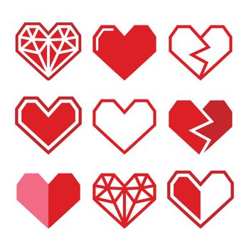 Vector icons set of cubic heart shapes isolated on white