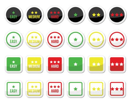 Vector icons set - star rating, different levels of difficulty isolated on white