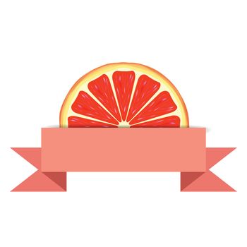 Grapefruit slice with pink blank paper banner. Citrus juice advert