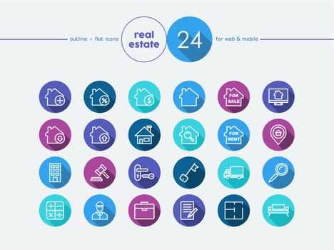 Real estate and property colorful flat icons set for web and mobile app. EPS10 vector file organized in layers for easy editing.