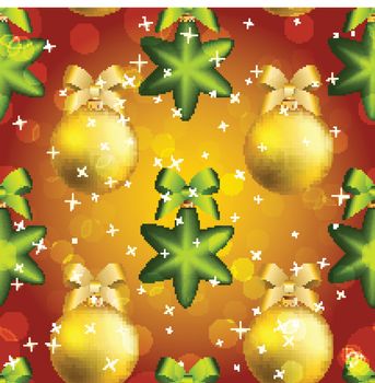 New Year ball pattern. Christmas wallpaper with bow and ribbon. Seamless background. Xmas Decorations. Sparkles and bokeh. Shiny and glowing
