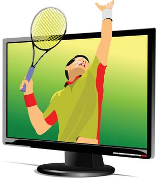 Background with Flat computer monitor with tennis player image. Display. Vector illustration