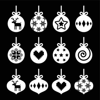 Winter holiday icons set of Christmas tree balls isolated on black