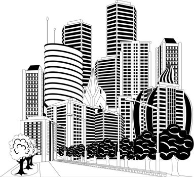 Black and white ilustration of a street in downtown with office buildings