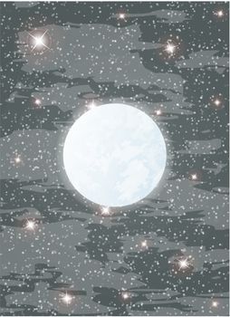 shining moon, many stars and fog, vector