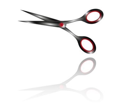 metal scissors with red parts on white background