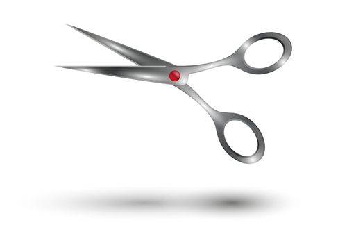 metal scissors with red screw on white background