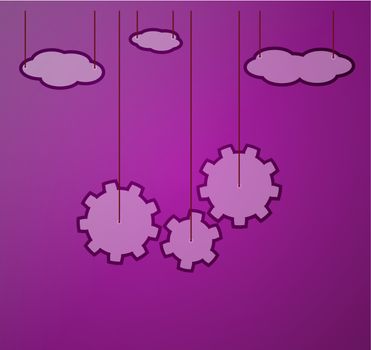 violet background with cogwheel and clouds hanging on ropes