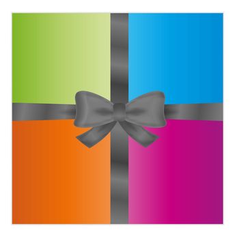 wrapped gift or gift card with four color parts and dark silver ribbon on white background