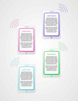 four steps infographics with phones on gray gradient background