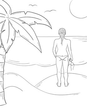 sketch of the girl in swimsuit with upper part of the swimsuit in the hand on the sunny beach