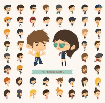 Set of 50 young people with hipster fashion style , eps10 vector format