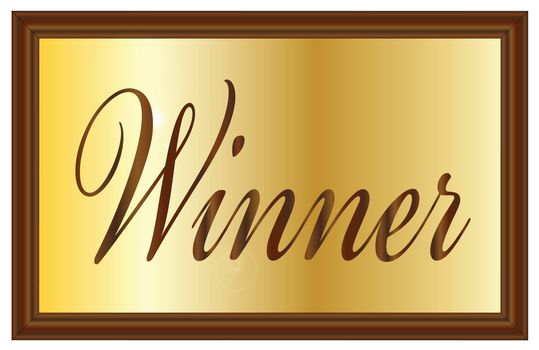 A brass award plaque or sign with wooden surround and the text Winner