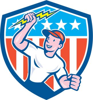 Illustration of an electrician construction worker standing holding a lightning bolt looking to the side set inside circle with stars and stripes in the background done in cartoon style.