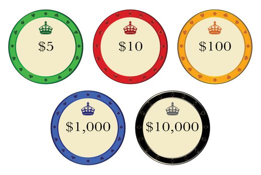 A set of priced casino chips over a white background