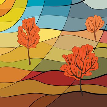 Autumn landscape in stained glass window style